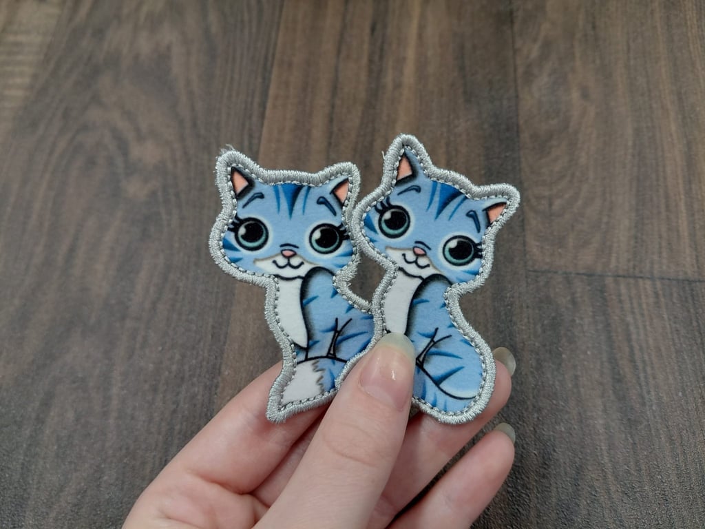 Cute Blue Tabby Cat Iron-On Patches set of 2 Iron On Decal, Embroidered Applique