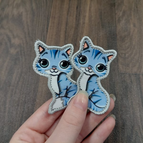 Cute Blue Tabby Cat Iron-On Patches set of 2 Iron On Decal, Embroidered Applique