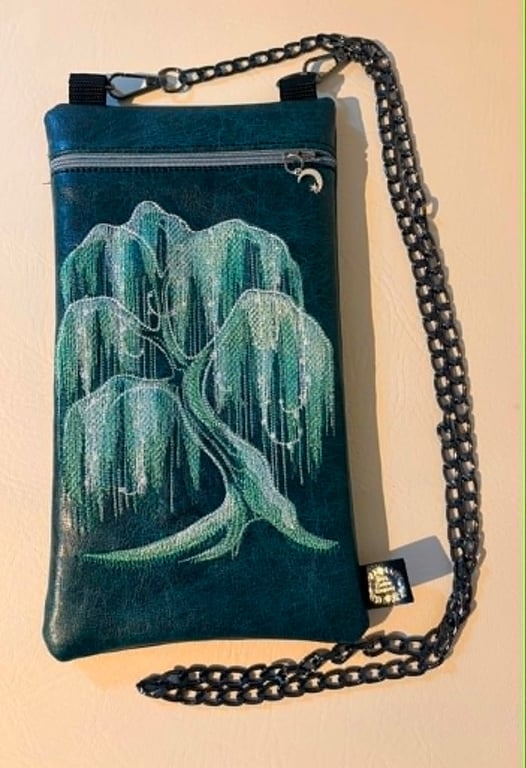 Embroidered Willow Tree Crossbody Bag – Dark Teal Vinyl