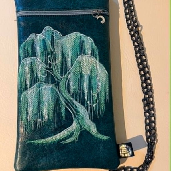 Embroidered Willow Tree Crossbody Bag – Dark Teal Vinyl
