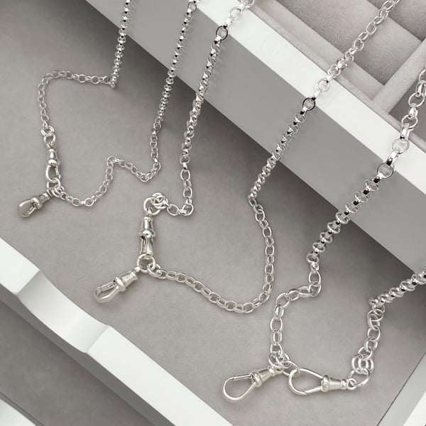 Oxidised or polished silver oval belcher Albert swivel clasps chain necklace