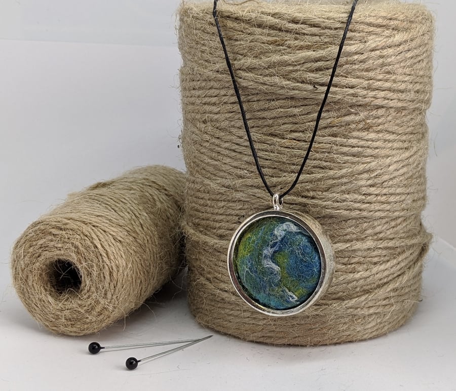 Felted pendant - blues and greens in silver bezel