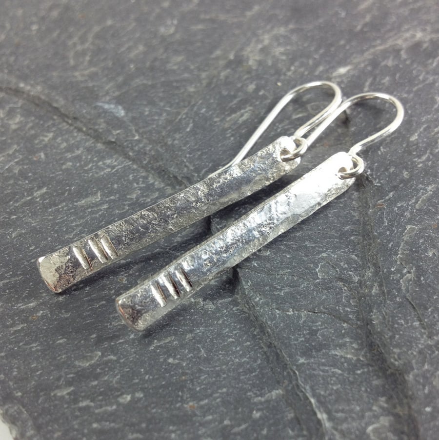 Notched Pins ,long silver earrings