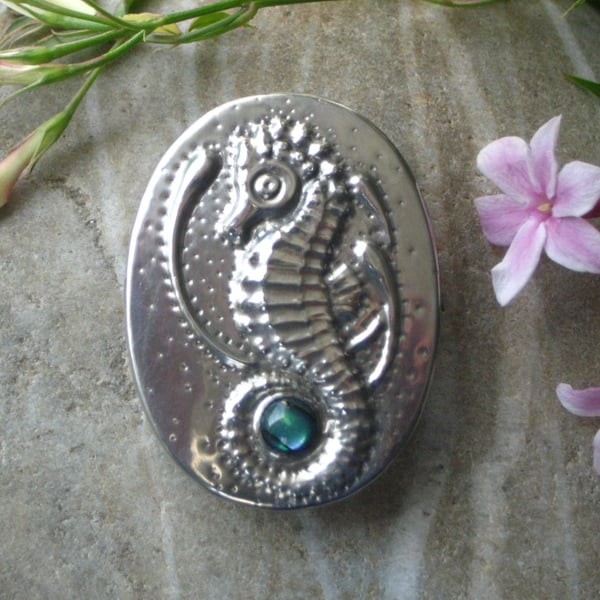 Pewter Seahorse Brooch with Blue Shell