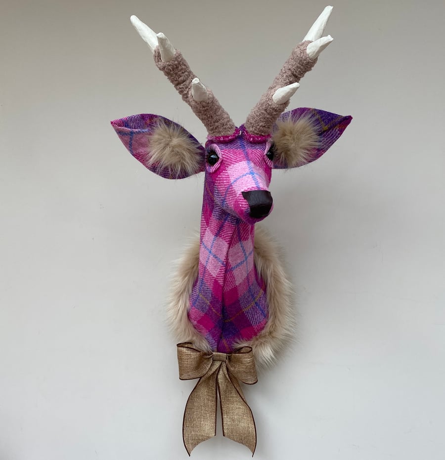 Handmade faux taxidermy Harris tweed pink purple stag wall mount animal head
