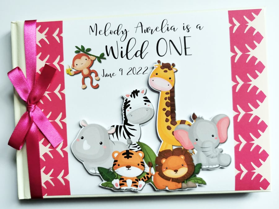 Safari birthday guest book, Wild one birthday book, pink safari birthday gift