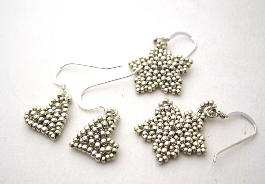 Heart or Flower Earrings, hand beaded, sterling silver wires