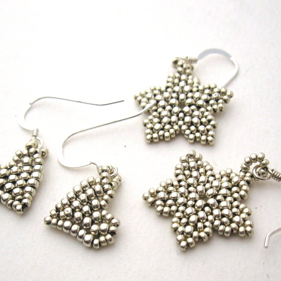 Heart or Flower Earrings, hand beaded, sterling silver wires