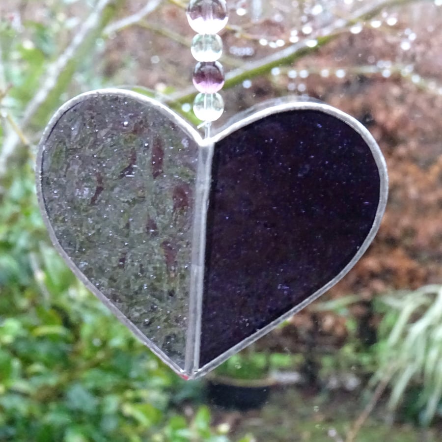 Stained Glass Small Heart Suncatcher - Handmade Decoration - Purple and Mauve
