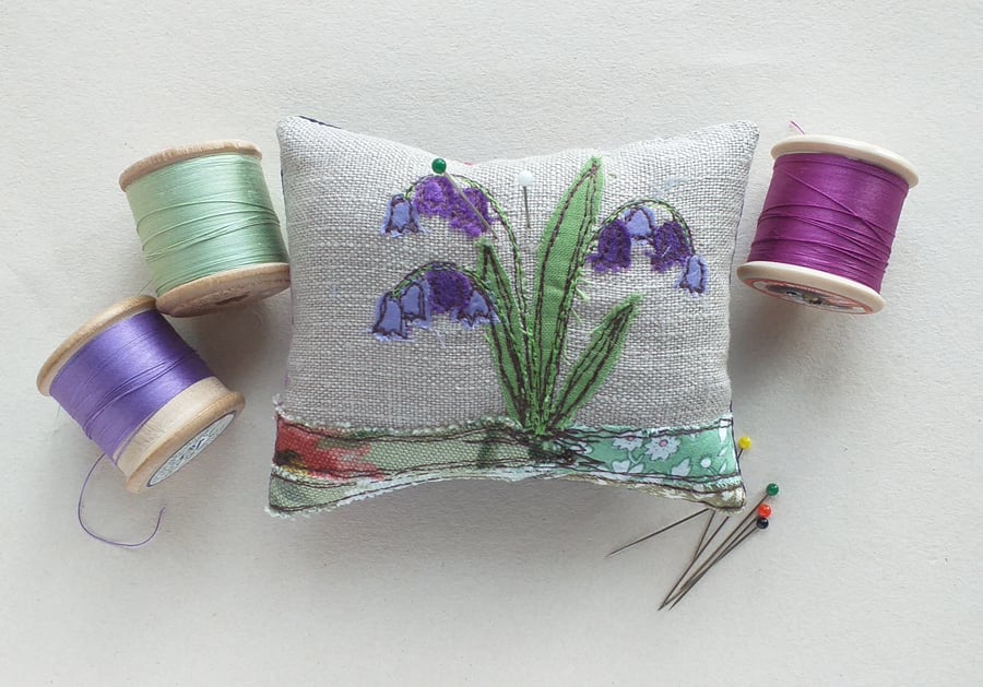 Pin Cushion with Embroidered Bluebells