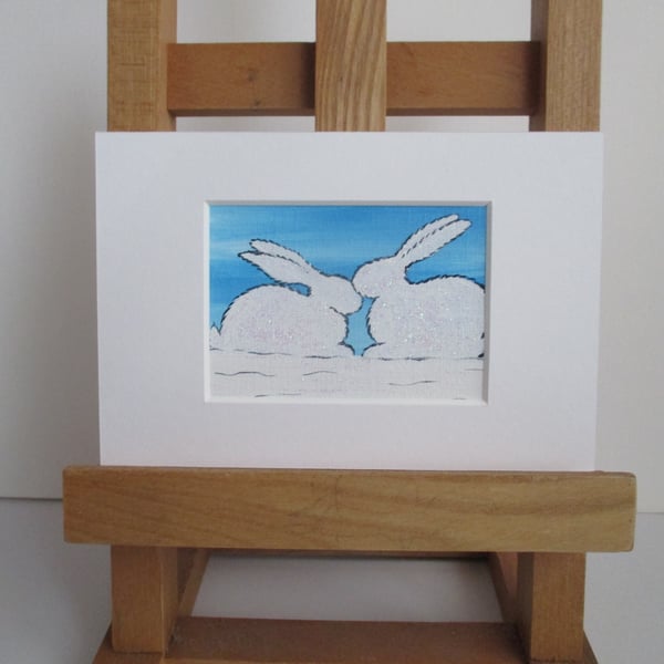Bunny Rabbit Snow Scene ACEO Original Painting Picture Art Mounted for Framing