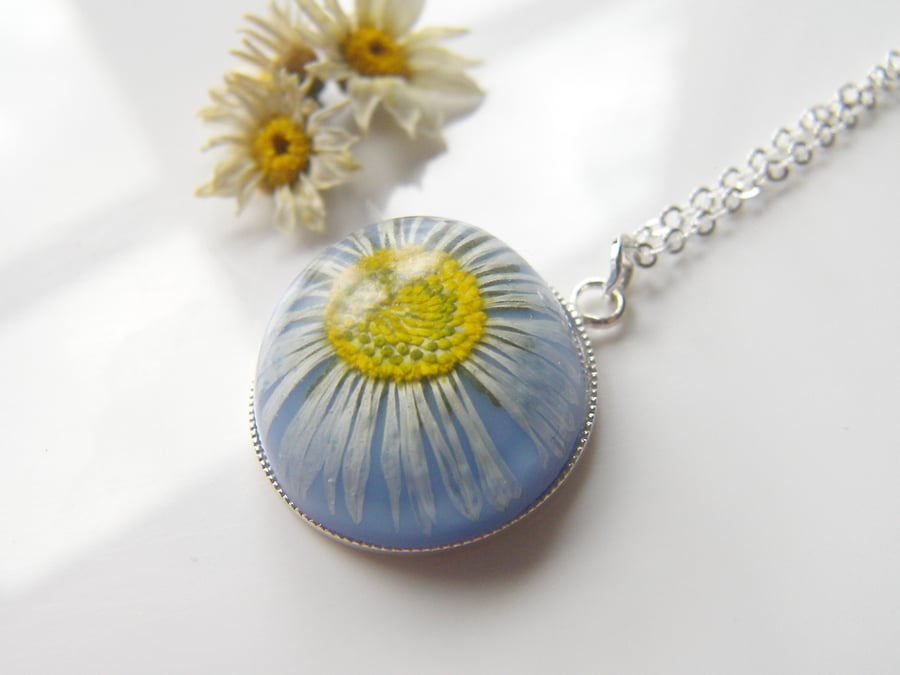 Real Daisy Blue Necklace High Domed Resin - Nature Specimen - DAISY