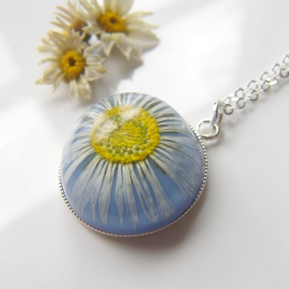Real Daisy Blue Necklace High Domed Resin - Nature Specimen - DAISY
