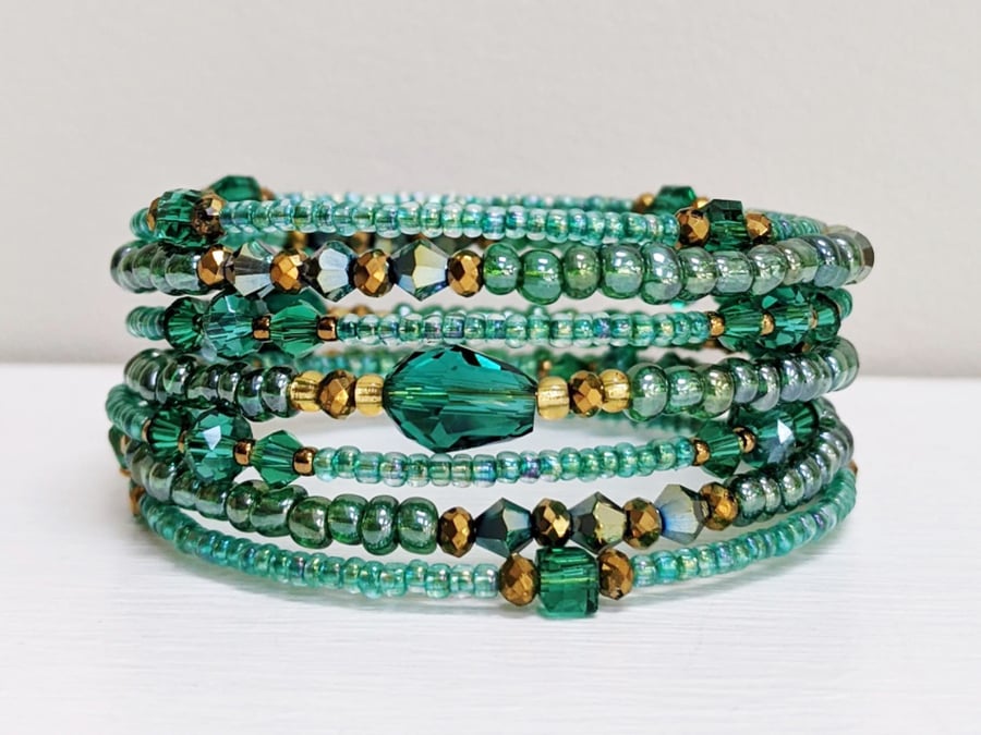 Green and Gold Beaded Memory Wire Bracelet,   Stacked Coil Bangle