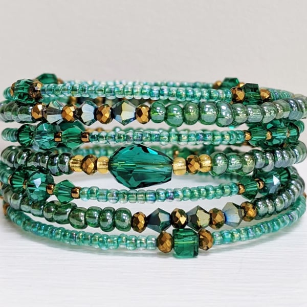 Green and Gold Beaded Memory Wire Bracelet,   Stacked Coil Bangle