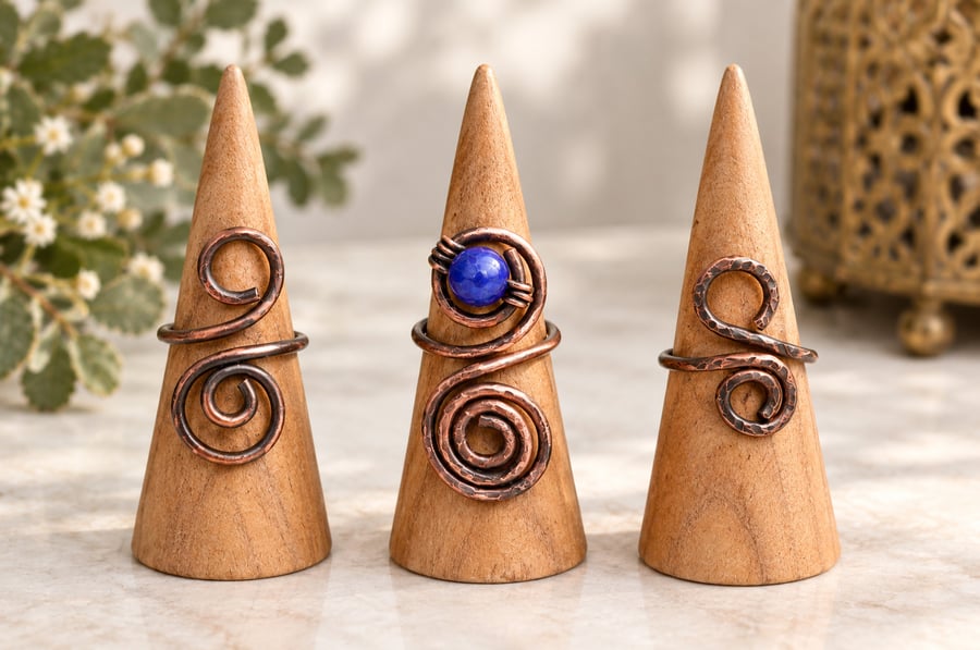 Antique Copper Spiral Ring with Blue Stone, Boho Statement Ring, 
