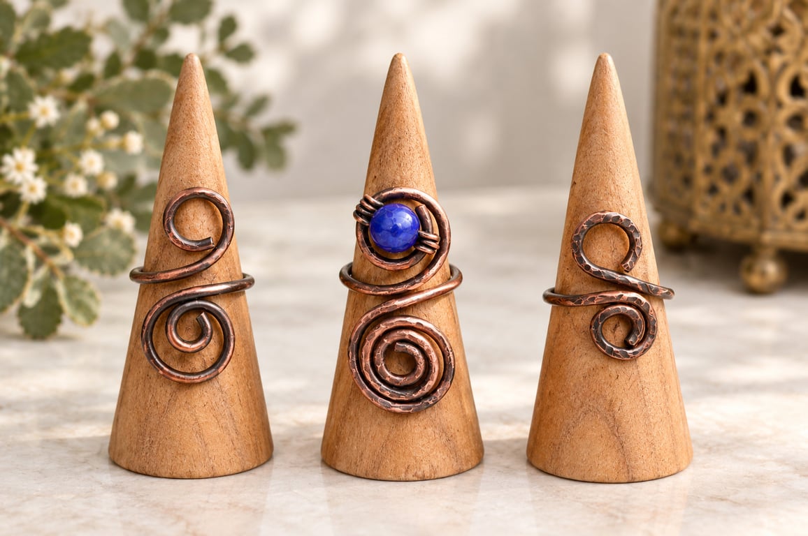 Antique Copper Spiral Ring with Blue Stone, Boho Statement Ring, 