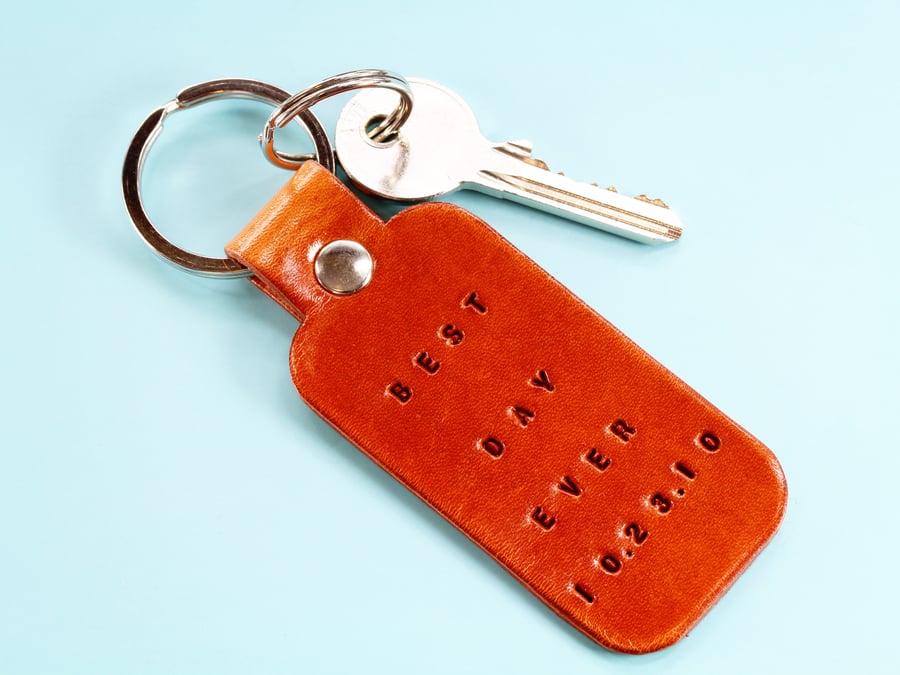 Personalised Best Day Ever Date Leather Keyring, Leather Anniversary Gift