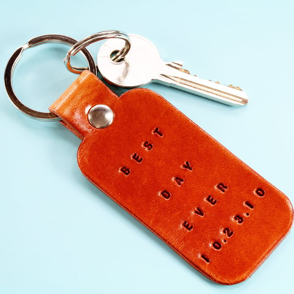 Personalised Best Day Ever Date Leather Keyring, Leather Anniversary Gift