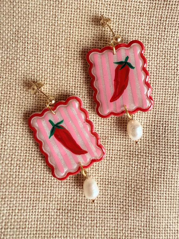 Chilli Pepper Pearl Earrings - Red and Pink