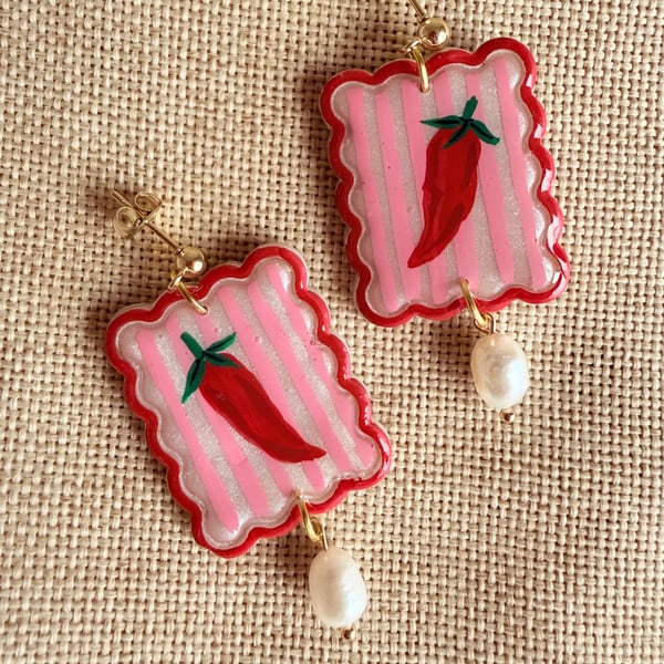 Chilli Pepper Pearl Earrings - Red and Pink
