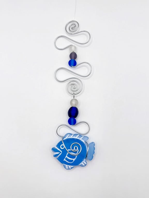 Blue Fish and Wire Mobile with Blue and White Glass Beads