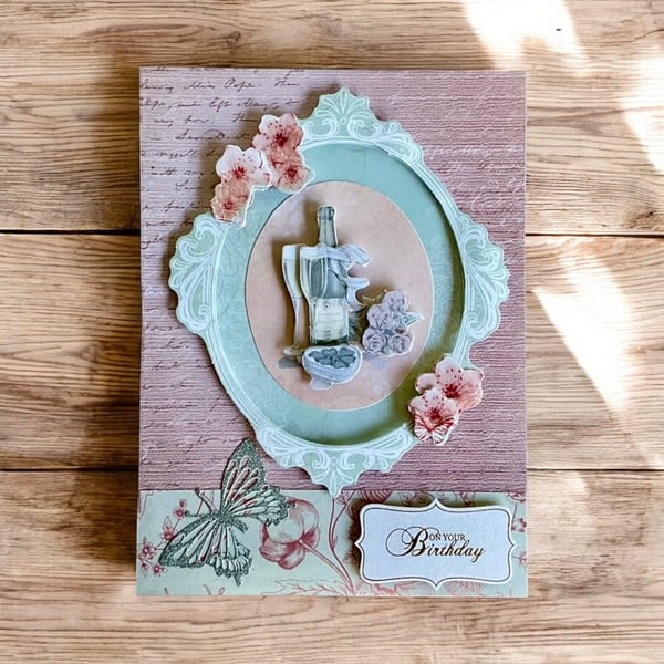 Decoupage Birthday Card – Champagne & Flowers