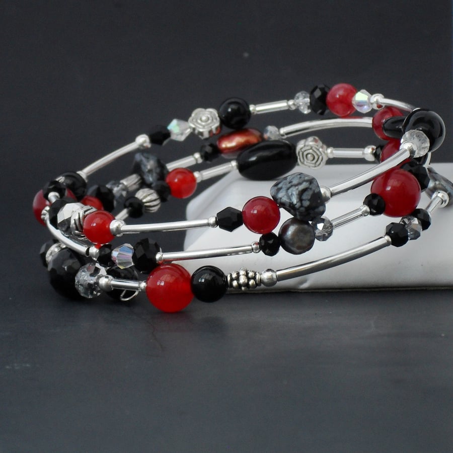 Red and black gemstone, pearl & crystal wire wrapped bracelet