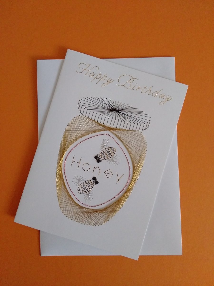 Hand Embroidered Jar of Honey Birthday Card.