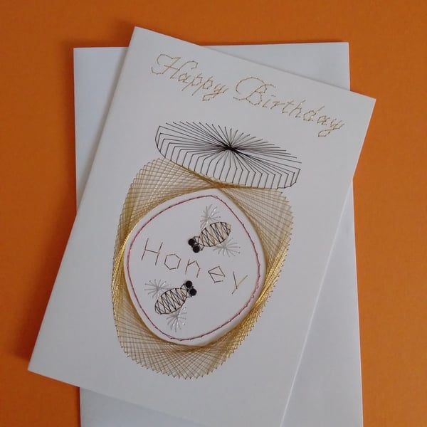 Hand Embroidered Jar of Honey Birthday Card.