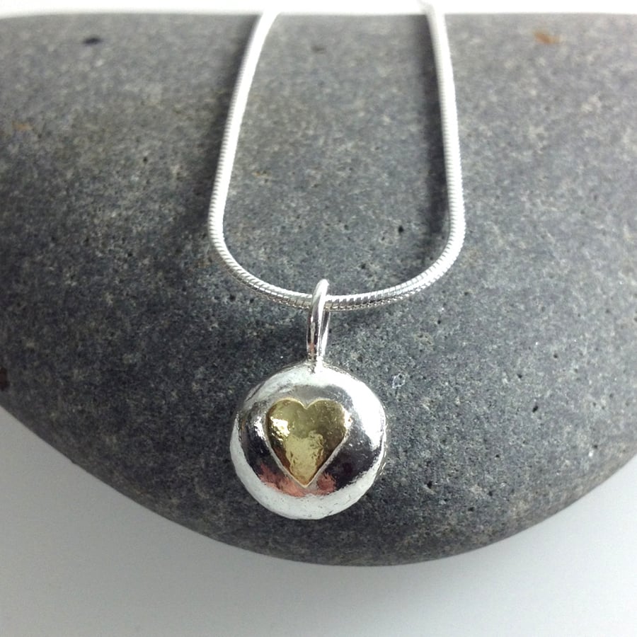Silver and gold heart pebble pendant and chain