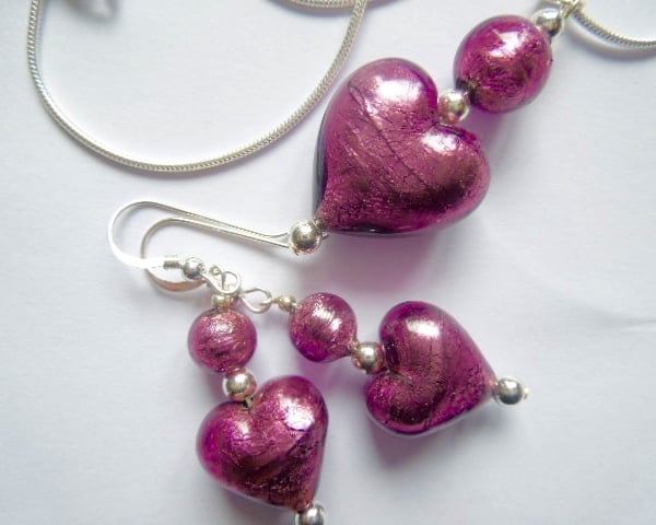 Murano glass purple pendant and earring jewellery set with sterling silver.