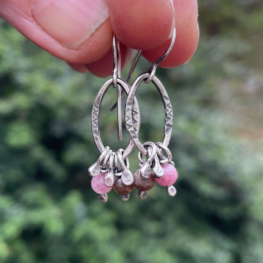 Oxidised sterling silver and tourmaline small dangly earrings