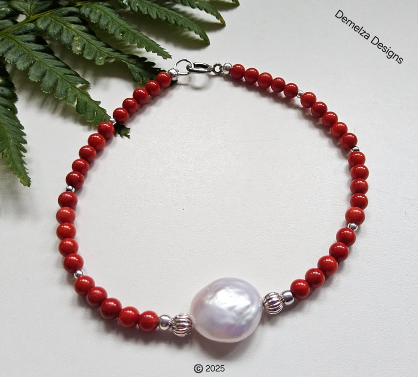 Bamboo Eco Coral & Freshwater Culture Pearls Sterling Silver Bracelet 