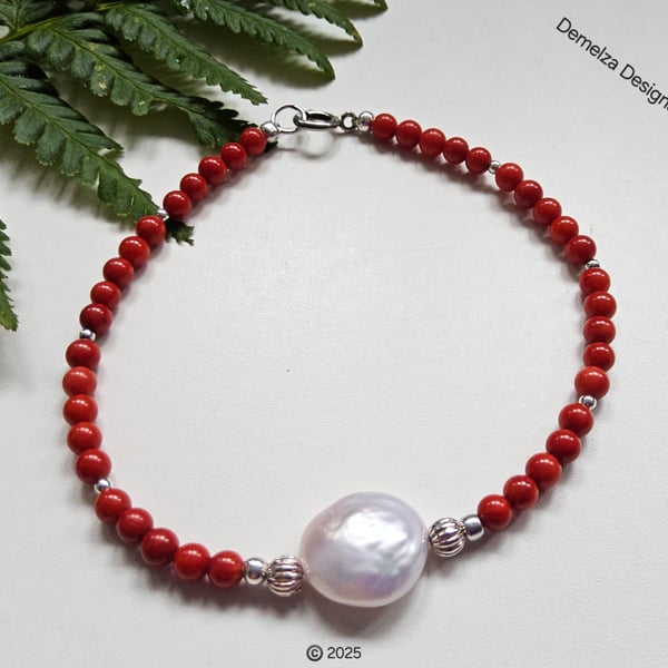 Bamboo Eco Coral & Freshwater Culture Pearls Sterling Silver Bracelet 