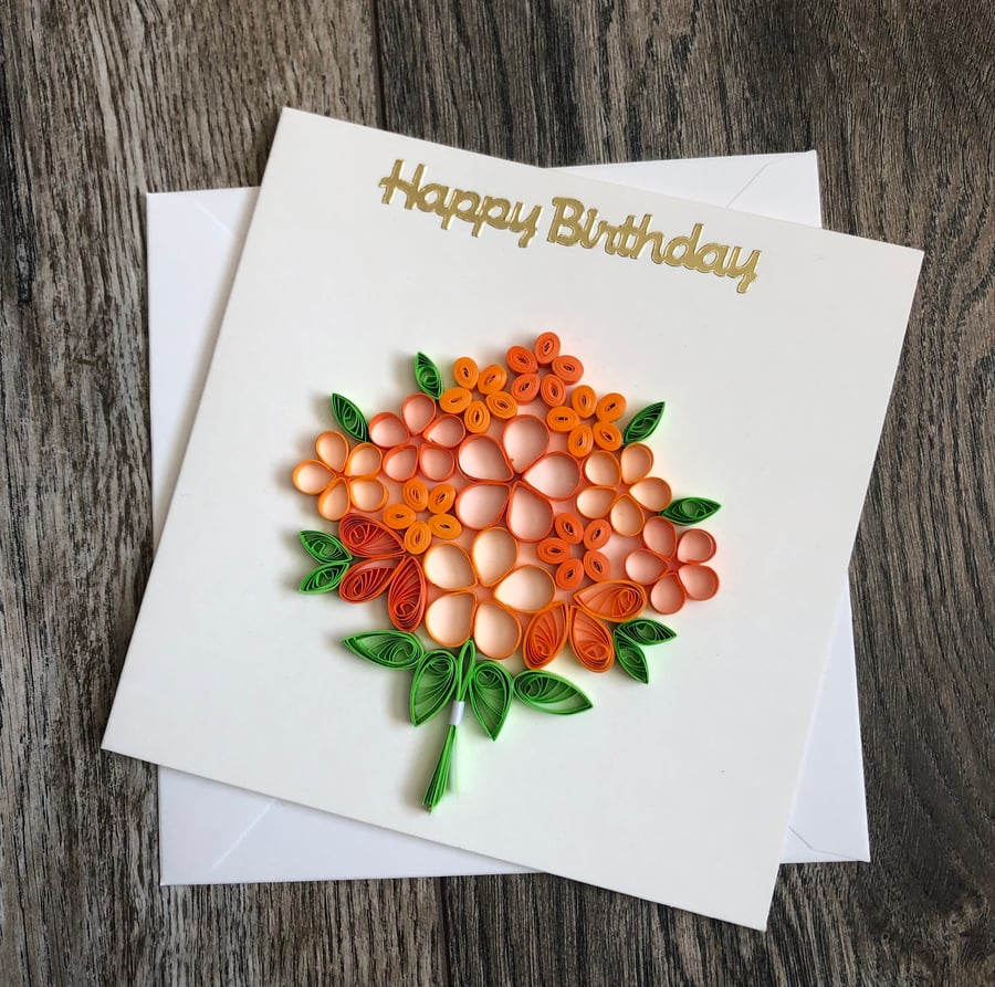 Handmade quilled happy birthday orange bouquet card