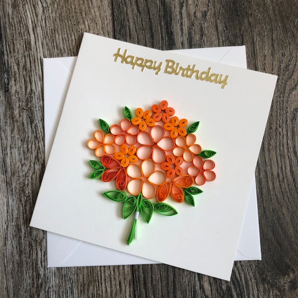 Handmade quilled happy birthday orange bouquet card