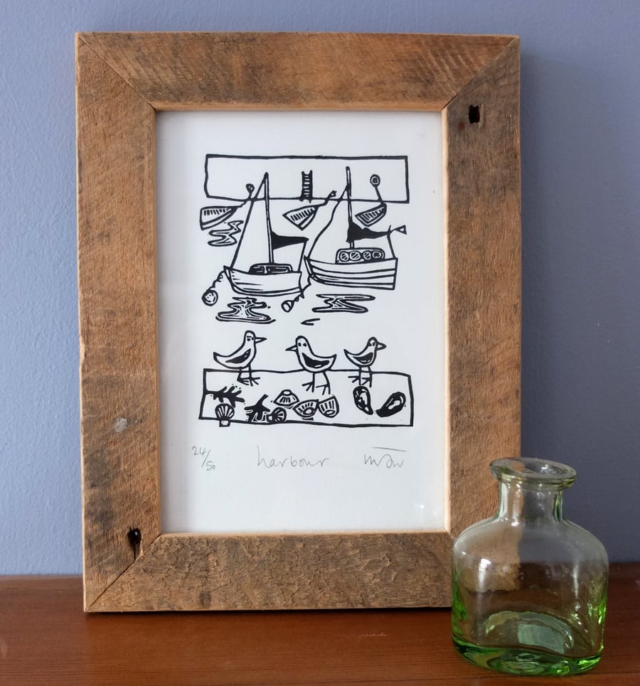 Harbour - lino print