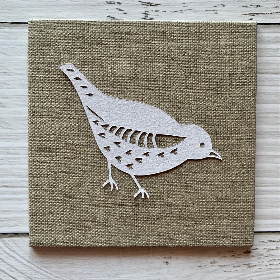 Mini Bird 'Rose' Original Hand Cut Papercut on Canvas - White