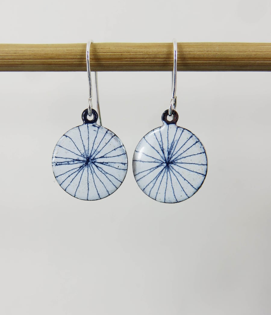 Hand Drawn Blue and White Enamel Dangle Earrings