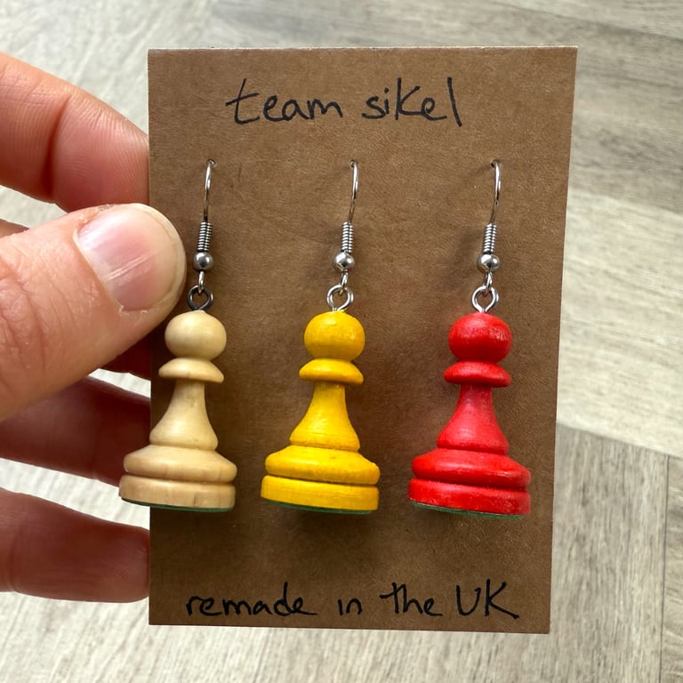 Pawn Earrings - Set of Three: Yellow, Red and Pale Wood - Upcycled