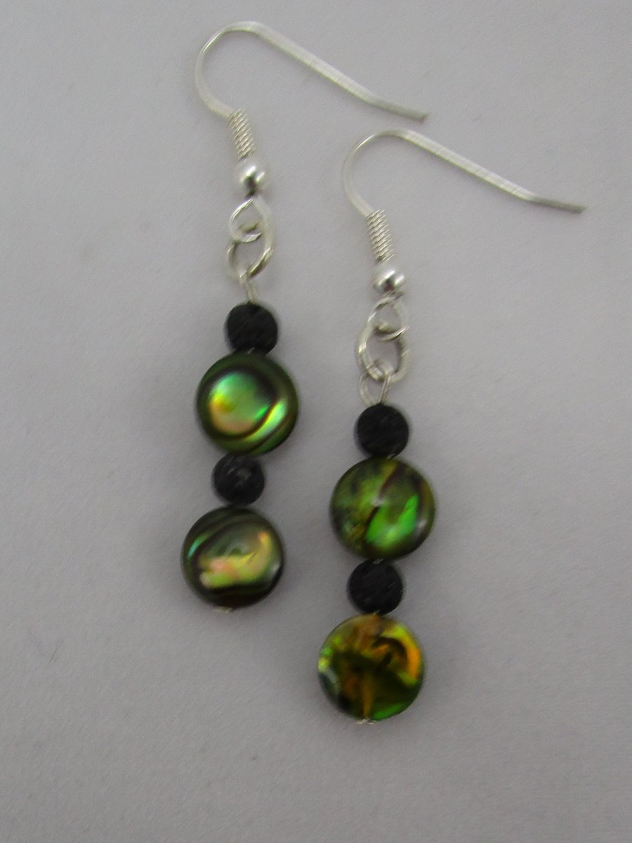 Green Abalone and Black Lava Earrings