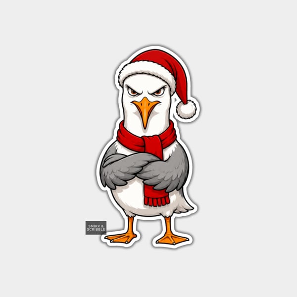 Unique Funny Christmas Sticker Xmas Decal - Grumpy Seagull In Santa Hat