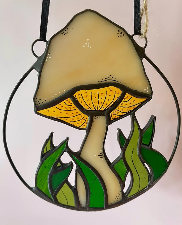 Stained Glass Mushroom Suncatcher, Glass Art, Fungi, Nature