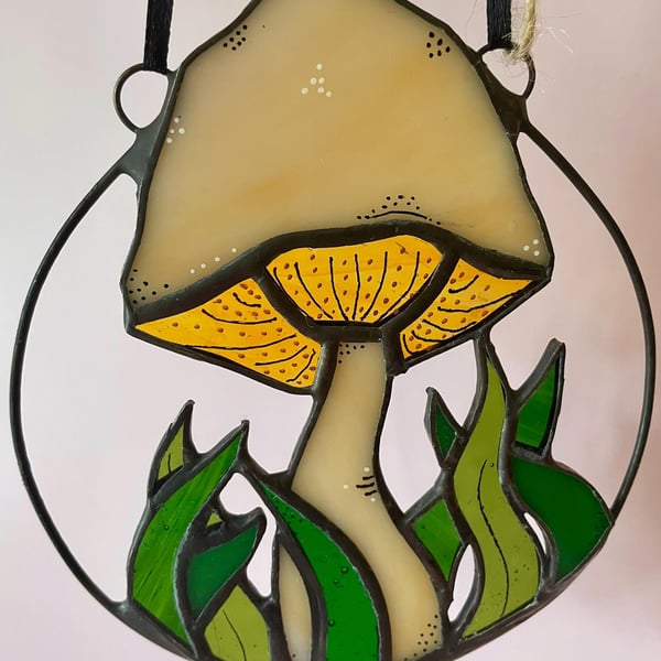 Stained Glass Mushroom Suncatcher, Glass Art, Fungi, Nature