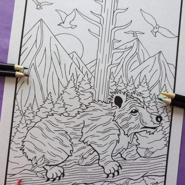 Bear Forest Animal A4 Colouring Page Printable JPG by S Godwin Studio