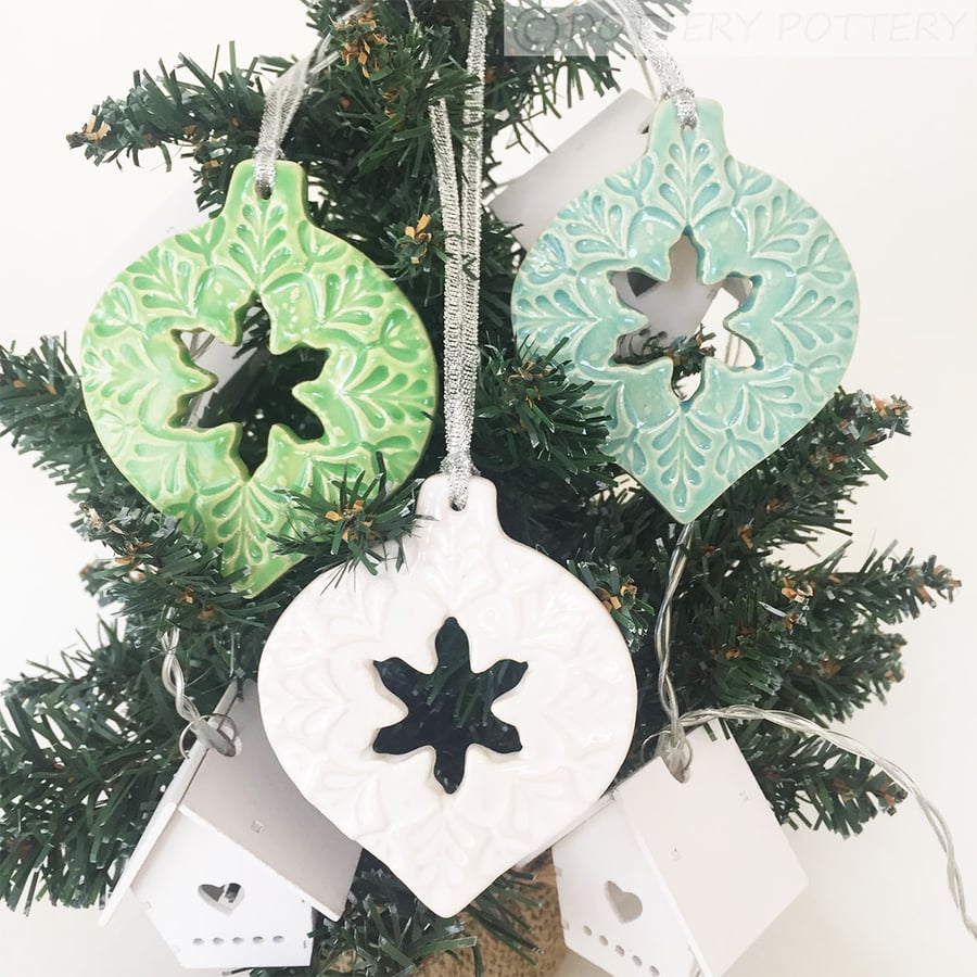 Christmas Baubles set of three pottery Bauble decorations Xmas decorations