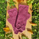 Hand Knitted Heather Purple Lace Fingerless Gloves 