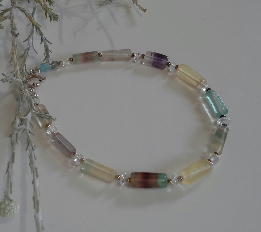 Natural Fluorite & White Quartz Sterling Silver Bracelet