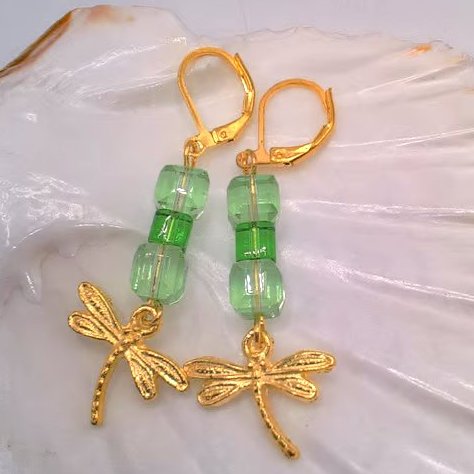 Earrings with Green Glass Cubes and a Gold Plated Dragonfly Charm, Gift for Her 